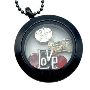 Origami Owl Black Stainless Glass Locket Necklace 32" Ball Chain Floating Charms